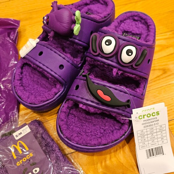 NWT McDonald's X Crocs GRIMACE Cozzzy Sandal w/ Grimace Socks (S/M) - W7/M5 - Picture 2 of 4